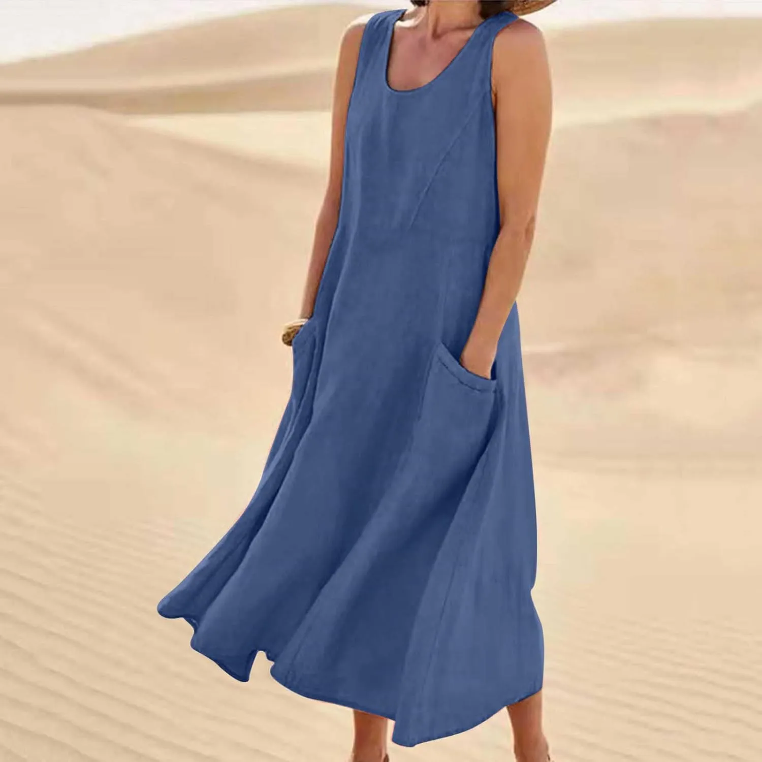 Summer Dresses for Women 2024 Sleeveless Cotton Linen Dress Casual Solid Color V Neck Dress Loose Fit Long Dresses
