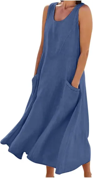 Summer Dresses for Women 2024 Sleeveless Cotton Linen Dress Casual Solid Color V Neck Dress Loose Fit Long Dresses