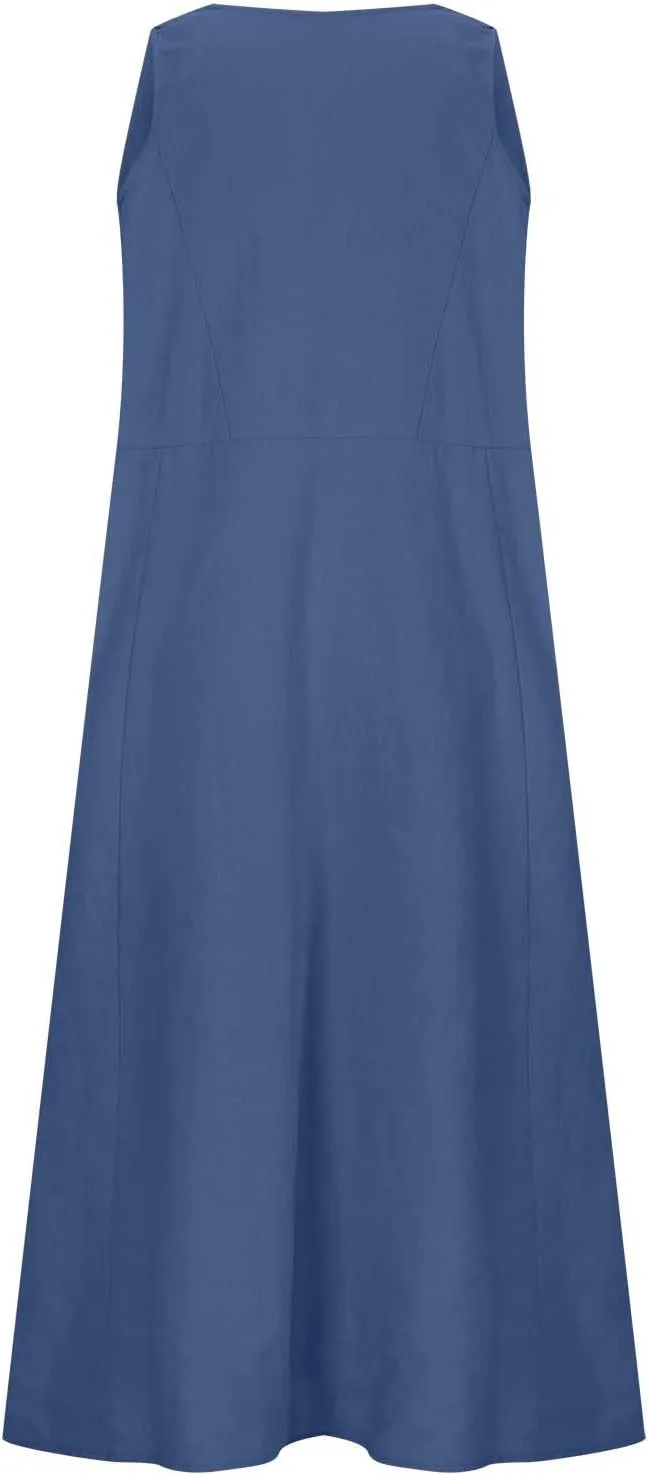 Summer Dresses for Women 2024 Sleeveless Cotton Linen Dress Casual Solid Color V Neck Dress Loose Fit Long Dresses