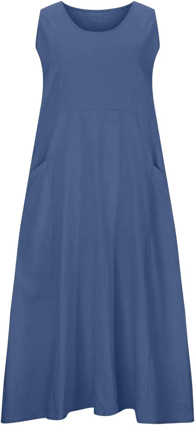 Summer Dresses for Women 2024 Sleeveless Cotton Linen Dress Casual Solid Color V Neck Dress Loose Fit Long Dresses