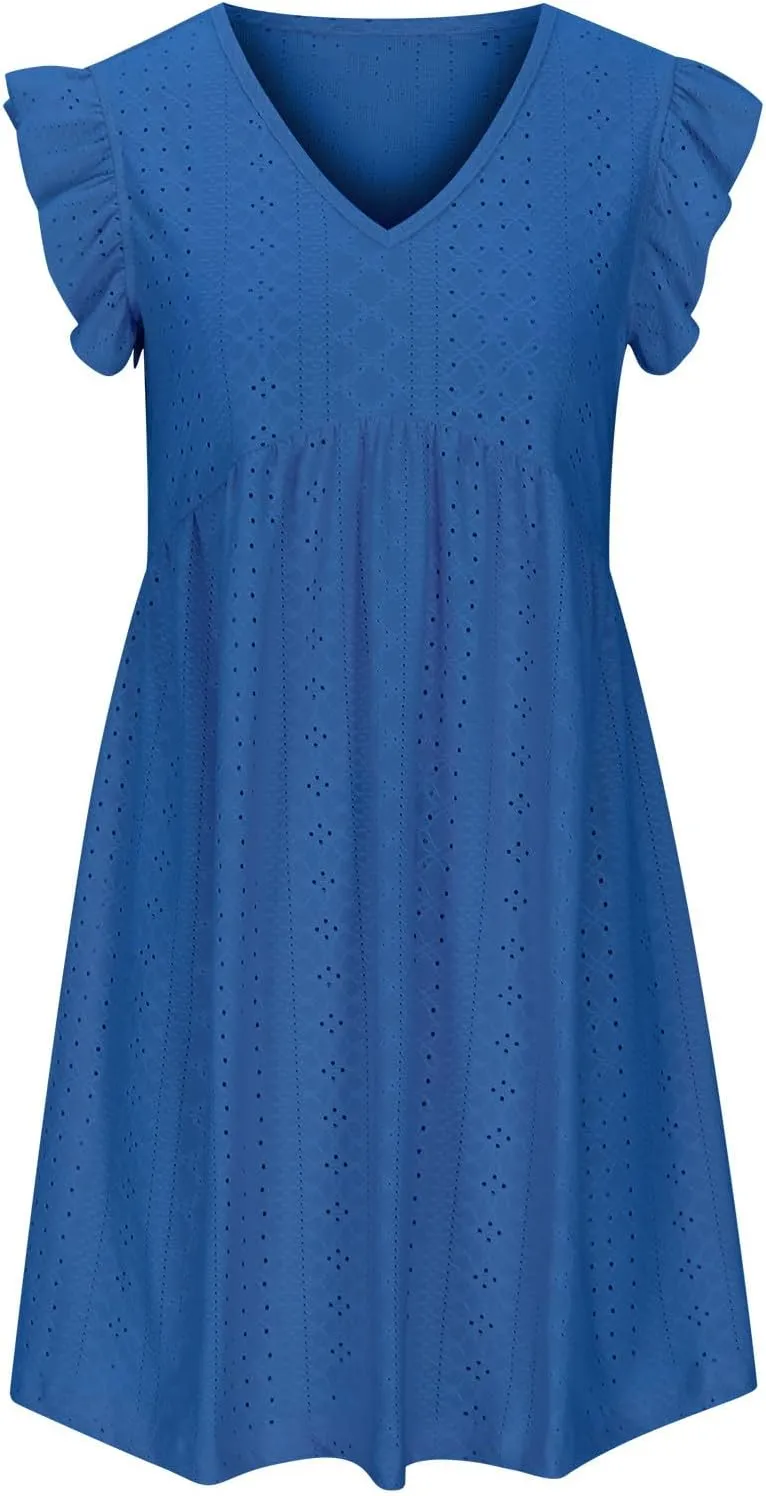 Summer Dresses for Women 2024 Vintage Ruffle Sleeve V Neck Dress Casual Simple Solid A Line Palace Lock Mini Sundress