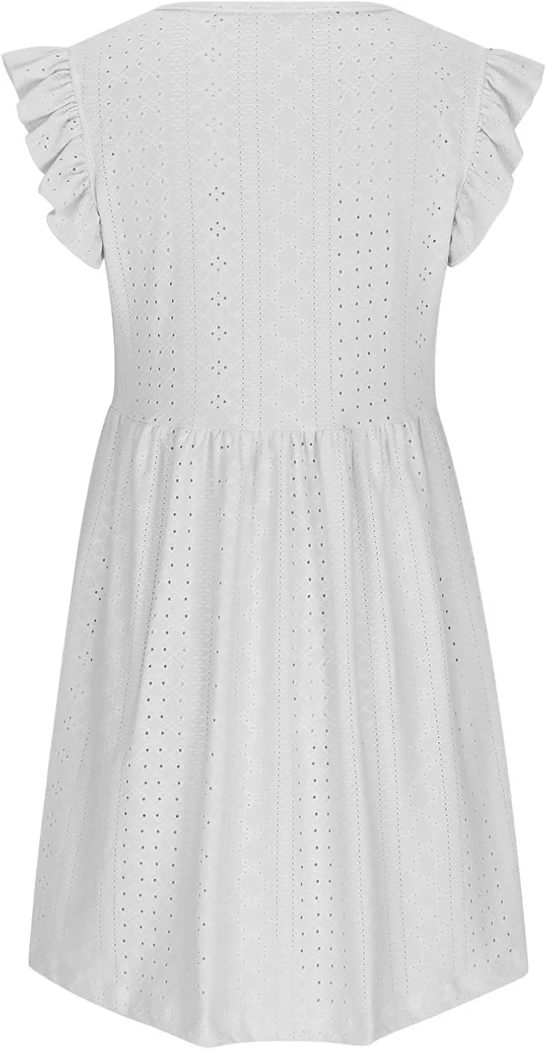 Summer Dresses for Women 2024 Vintage Ruffle Sleeve V Neck Dress Casual Simple Solid A Line Palace Lock Mini Sundress