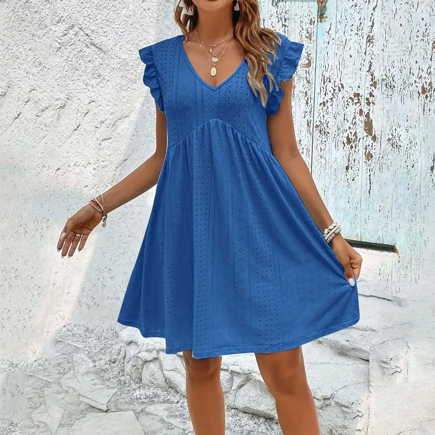 Summer Dresses for Women 2024 Vintage Ruffle Sleeve V Neck Dress Casual Simple Solid A Line Palace Lock Mini Sundress