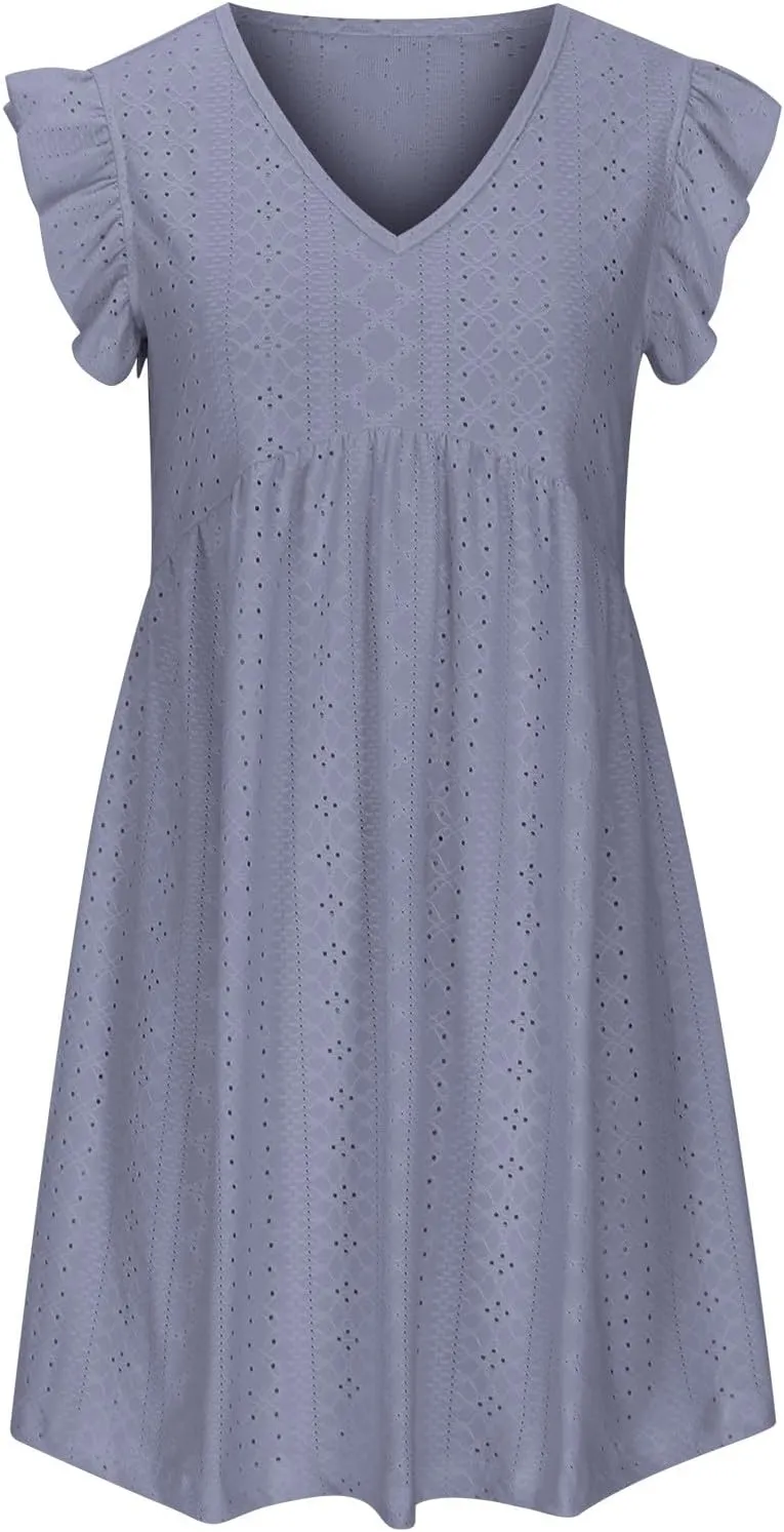 Summer Dresses for Women 2024 Vintage Ruffle Sleeve V Neck Dress Casual Simple Solid A Line Palace Lock Mini Sundress