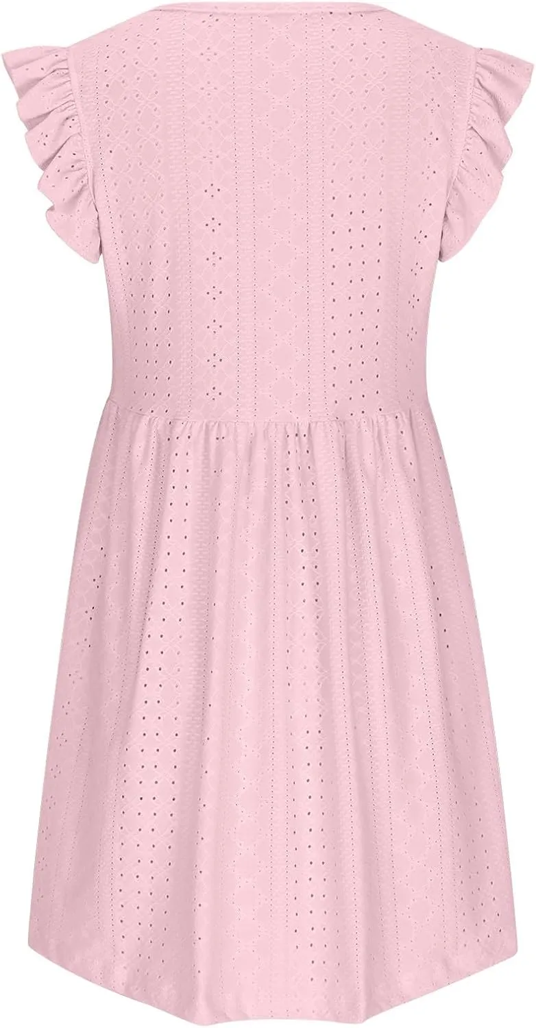 Summer Dresses for Women 2024 Vintage Ruffle Sleeve V Neck Dress Casual Simple Solid A Line Palace Lock Mini Sundress