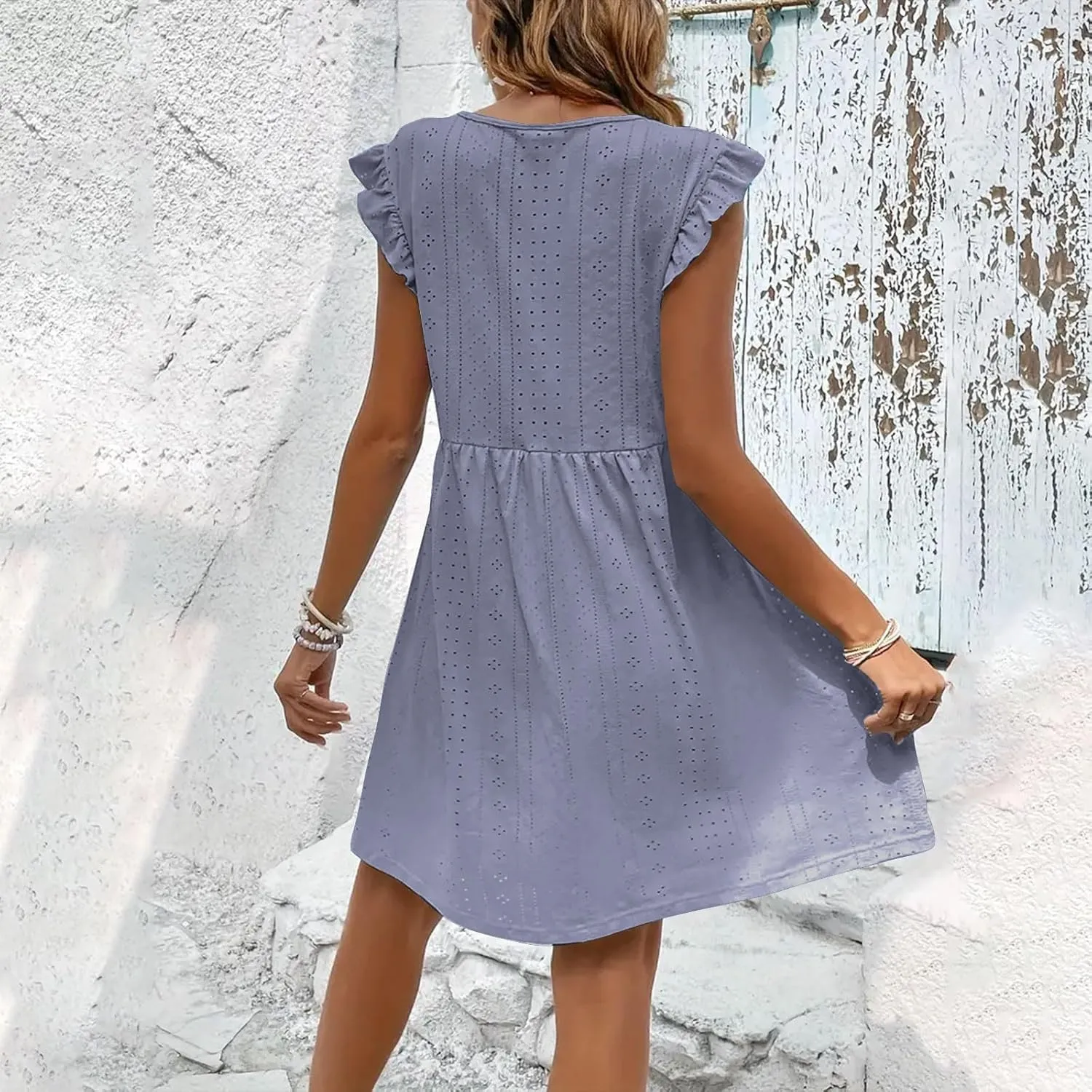 Summer Dresses for Women 2024 Vintage Ruffle Sleeve V Neck Dress Casual Simple Solid A Line Palace Lock Mini Sundress