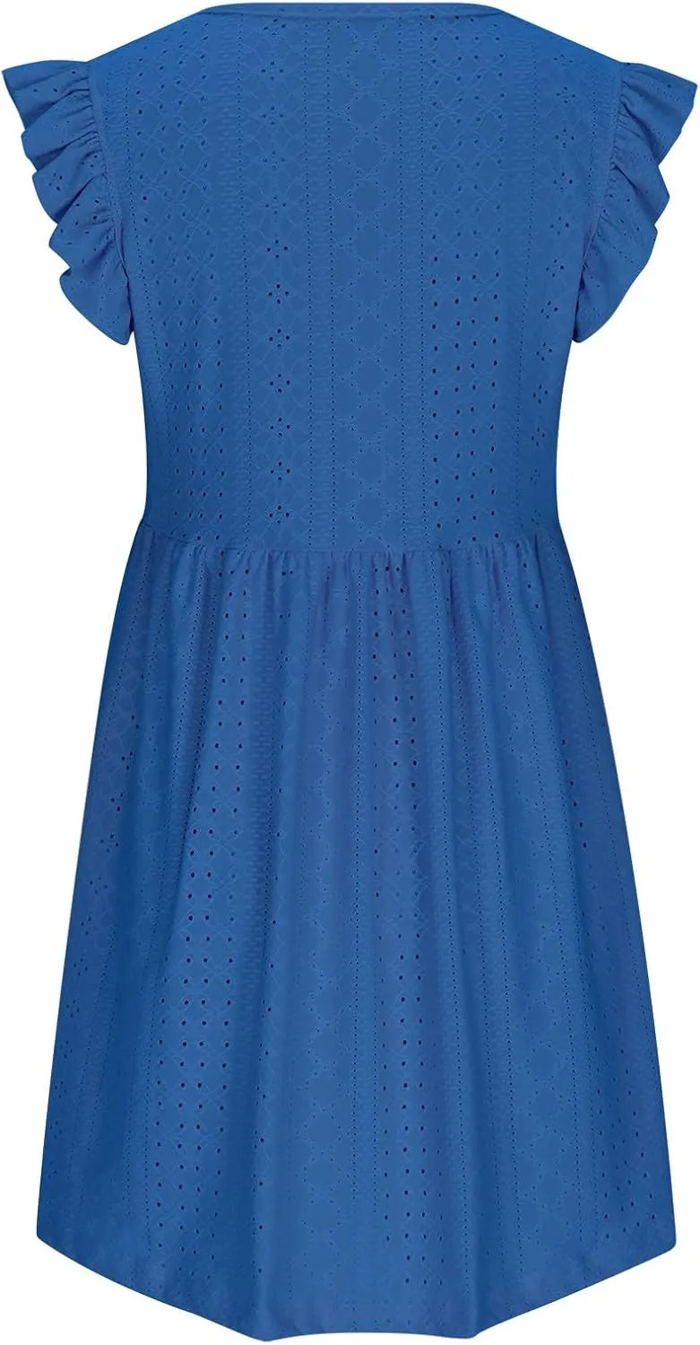 Summer Dresses for Women 2024 Vintage Ruffle Sleeve V Neck Dress Casual Simple Solid A Line Palace Lock Mini Sundress