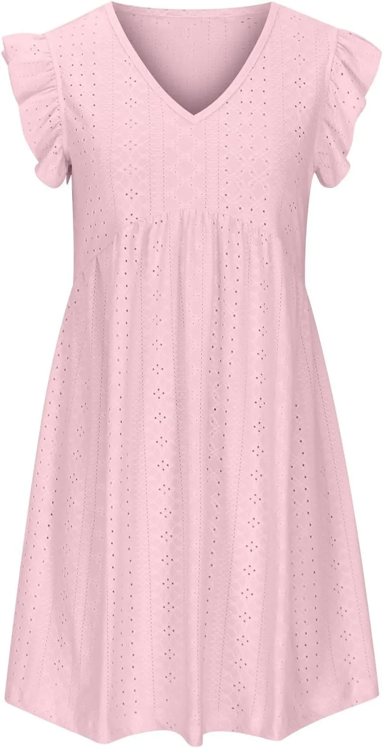 Summer Dresses for Women 2024 Vintage Ruffle Sleeve V Neck Dress Casual Simple Solid A Line Palace Lock Mini Sundress