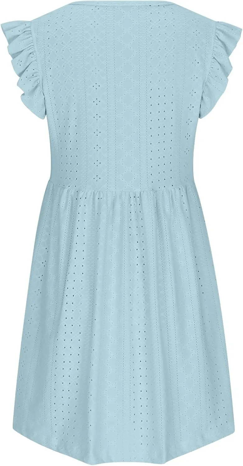 Summer Dresses for Women 2024 Vintage Ruffle Sleeve V Neck Dress Casual Simple Solid A Line Palace Lock Mini Sundress