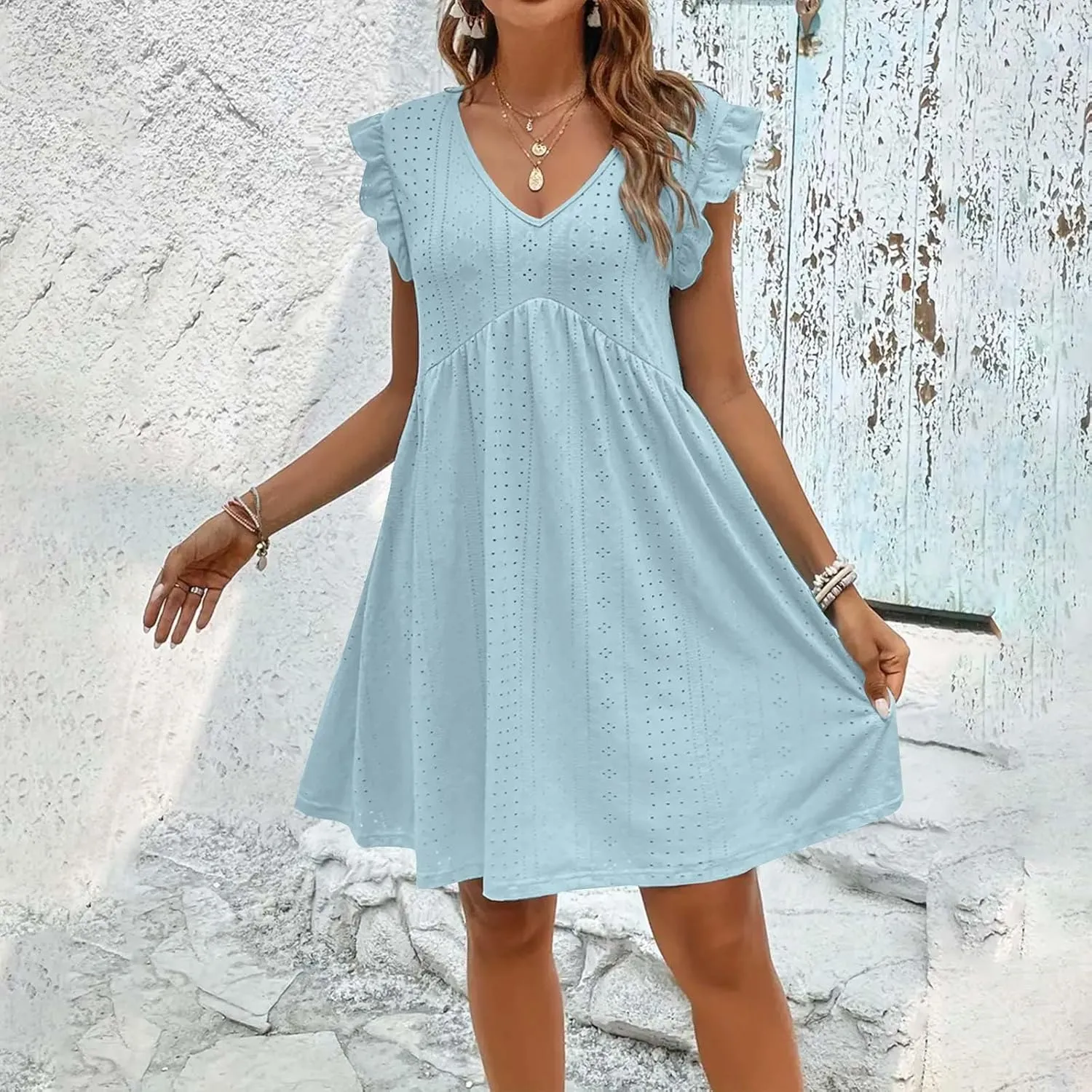 Summer Dresses for Women 2024 Vintage Ruffle Sleeve V Neck Dress Casual Simple Solid A Line Palace Lock Mini Sundress