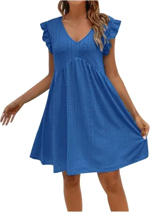 Summer Dresses for Women 2024 Vintage Ruffle Sleeve V Neck Dress Casual Simple Solid A Line Palace Lock Mini Sundress