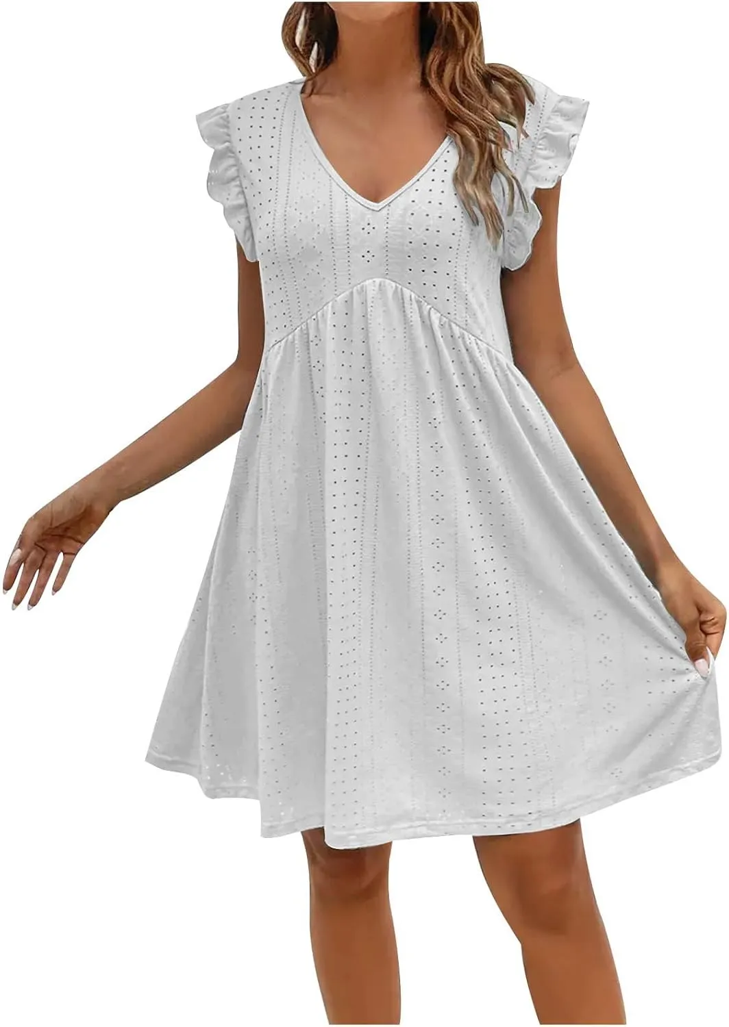 Summer Dresses for Women 2024 Vintage Ruffle Sleeve V Neck Dress Casual Simple Solid A Line Palace Lock Mini Sundress