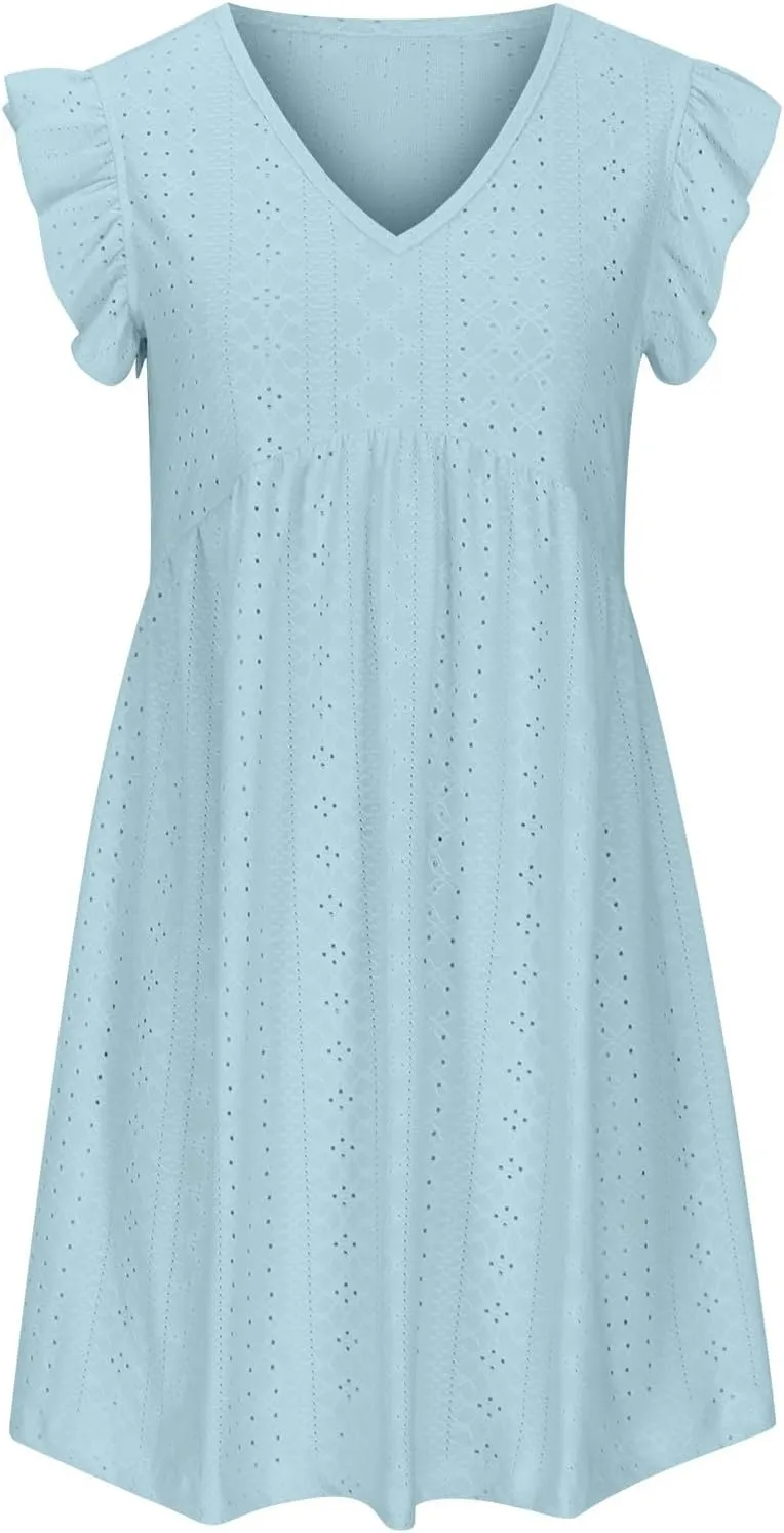 Summer Dresses for Women 2024 Vintage Ruffle Sleeve V Neck Dress Casual Simple Solid A Line Palace Lock Mini Sundress