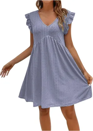 Summer Dresses for Women 2024 Vintage Ruffle Sleeve V Neck Dress Casual Simple Solid A Line Palace Lock Mini Sundress