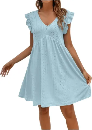 Summer Dresses for Women 2024 Vintage Ruffle Sleeve V Neck Dress Casual Simple Solid A Line Palace Lock Mini Sundress