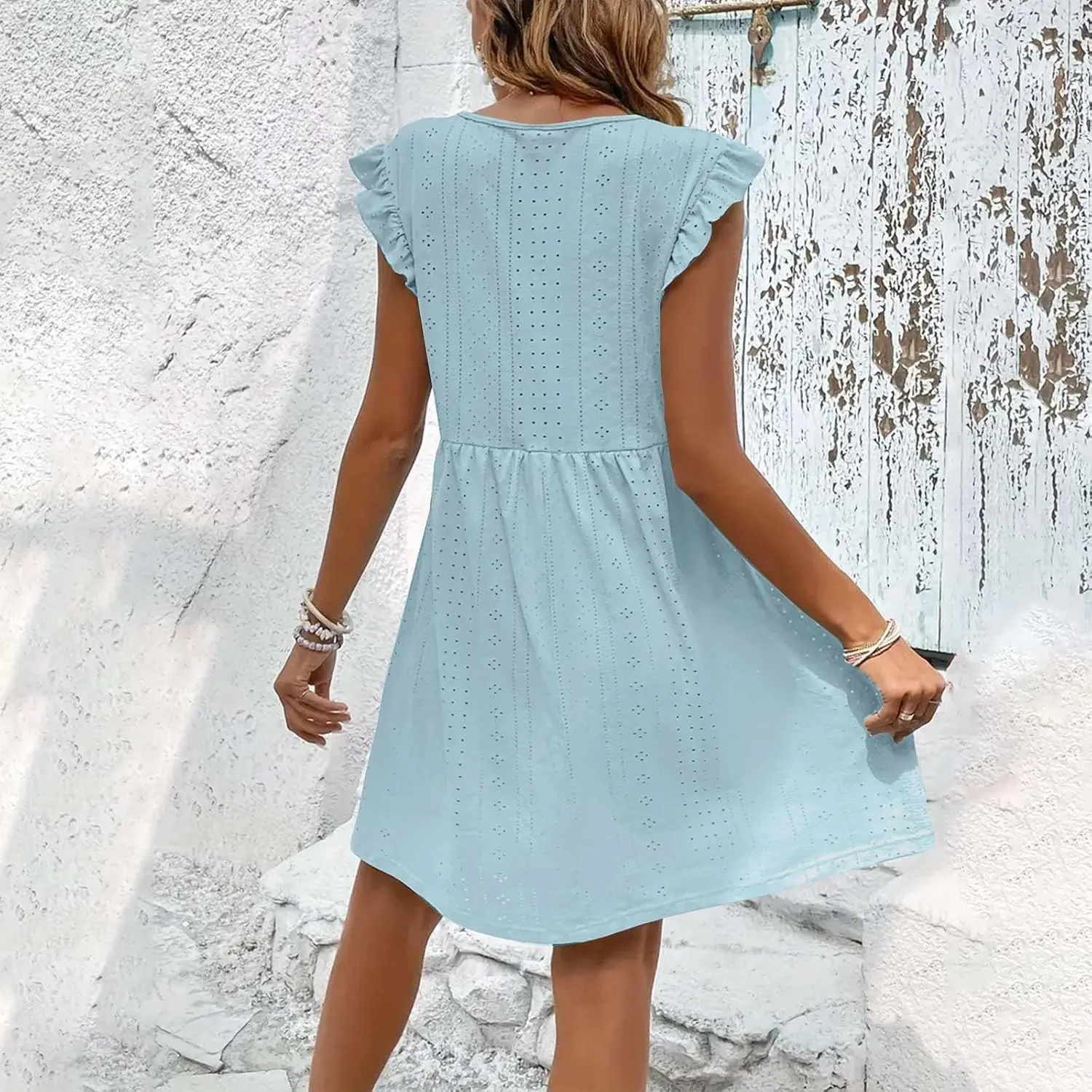 Summer Dresses for Women 2024 Vintage Ruffle Sleeve V Neck Dress Casual Simple Solid A Line Palace Lock Mini Sundress