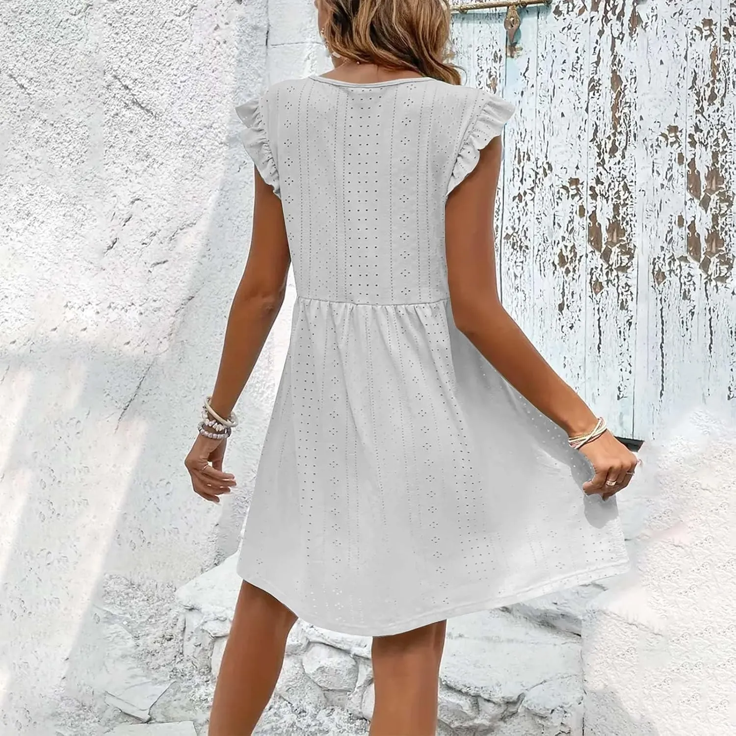 Summer Dresses for Women 2024 Vintage Ruffle Sleeve V Neck Dress Casual Simple Solid A Line Palace Lock Mini Sundress