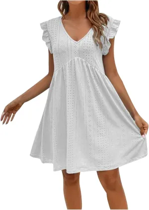 Summer Dresses for Women 2024 Vintage Ruffle Sleeve V Neck Dress Casual Simple Solid A Line Palace Lock Mini Sundress