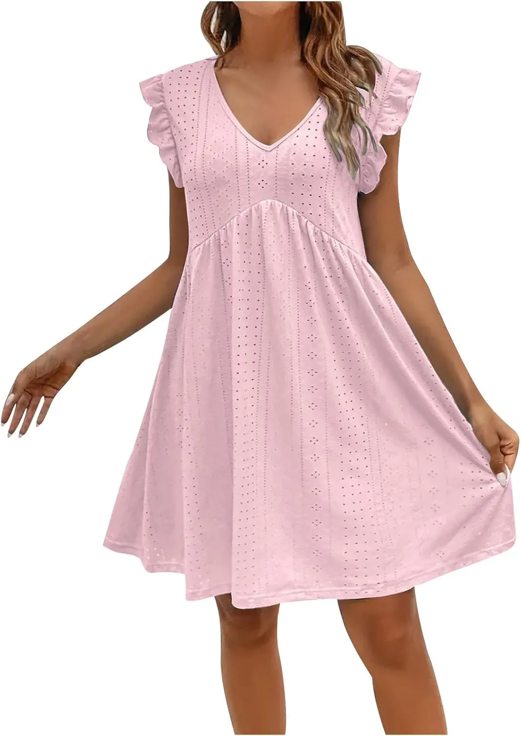 Summer Dresses for Women 2024 Vintage Ruffle Sleeve V Neck Dress Casual Simple Solid A Line Palace Lock Mini Sundress