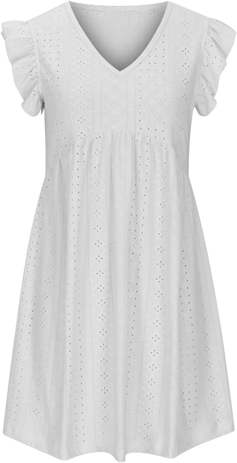 Summer Dresses for Women 2024 Vintage Ruffle Sleeve V Neck Dress Casual Simple Solid A Line Palace Lock Mini Sundress
