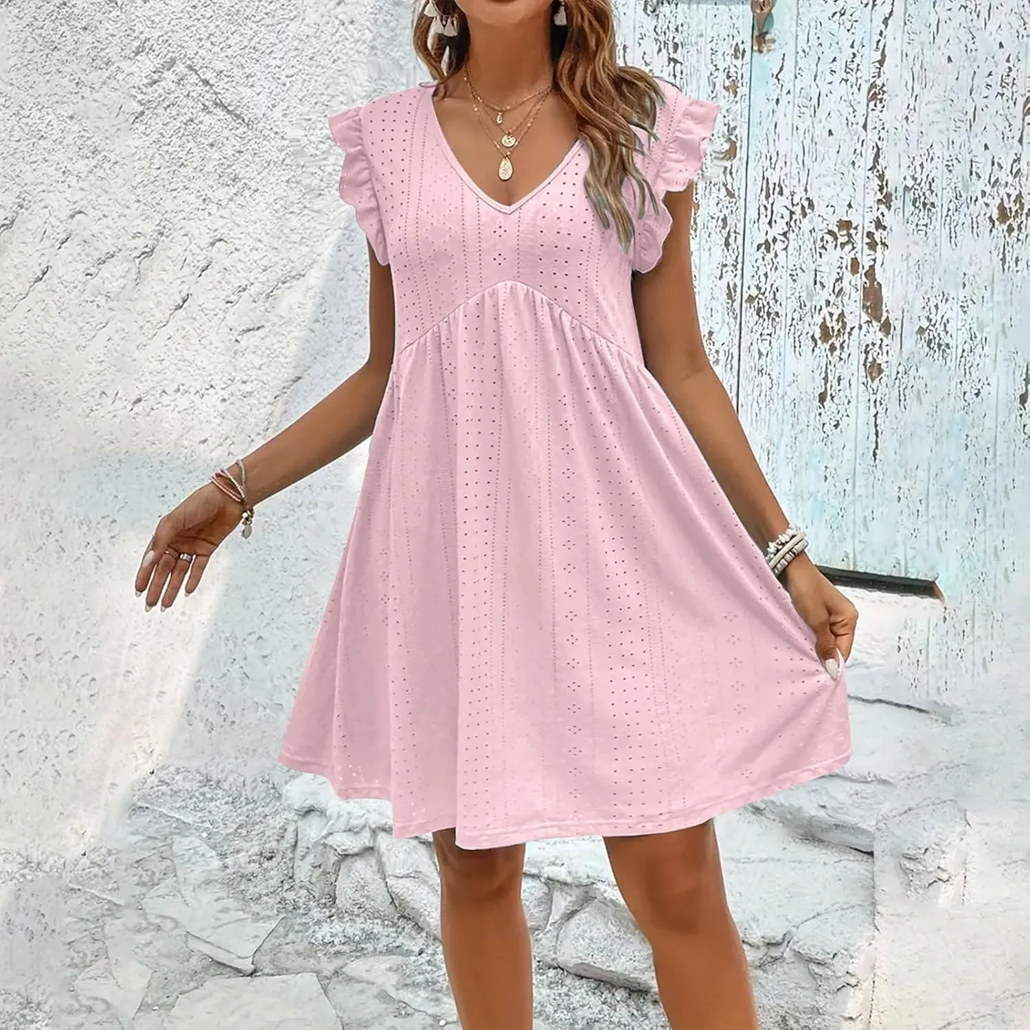 Summer Dresses for Women 2024 Vintage Ruffle Sleeve V Neck Dress Casual Simple Solid A Line Palace Lock Mini Sundress