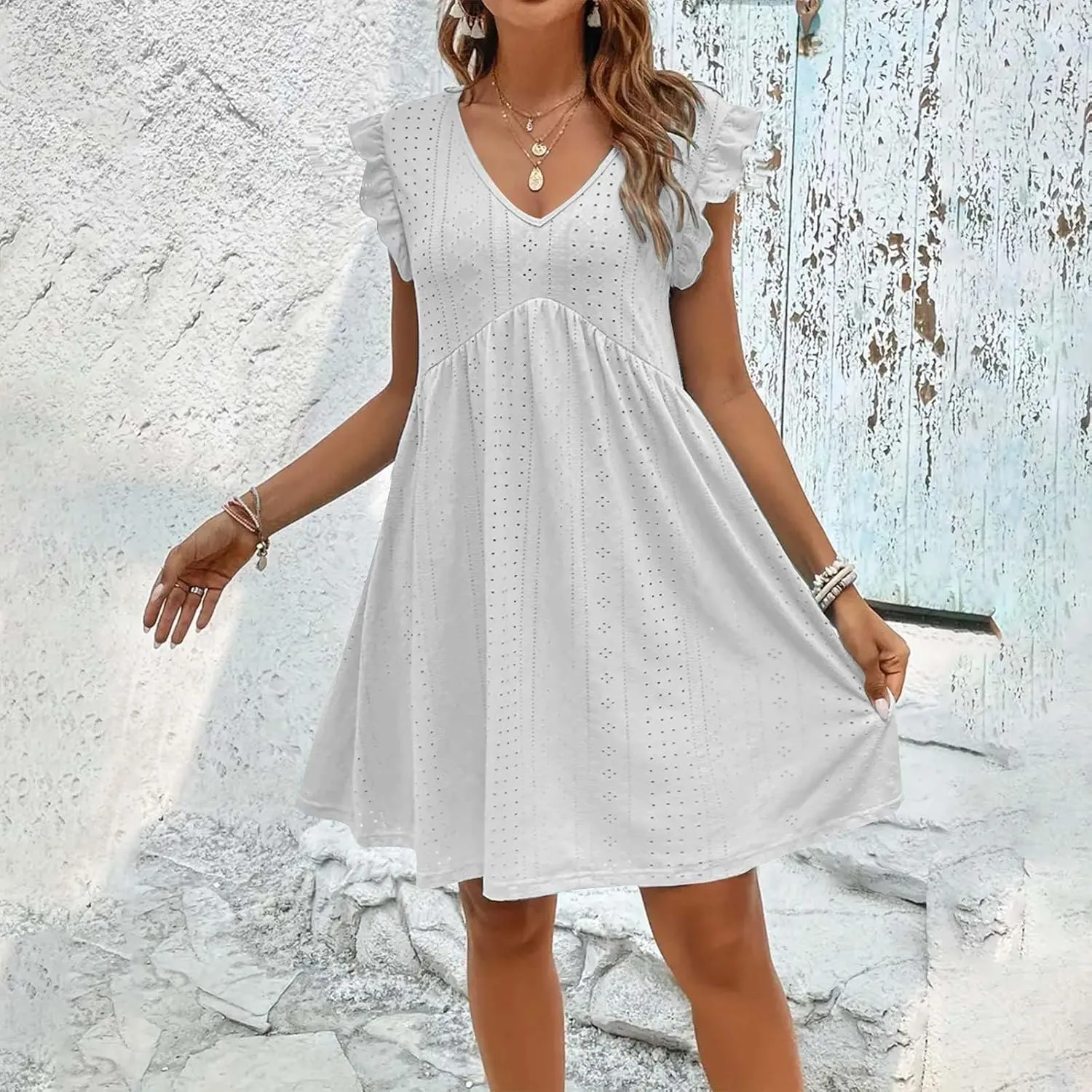 Summer Dresses for Women 2024 Vintage Ruffle Sleeve V Neck Dress Casual Simple Solid A Line Palace Lock Mini Sundress
