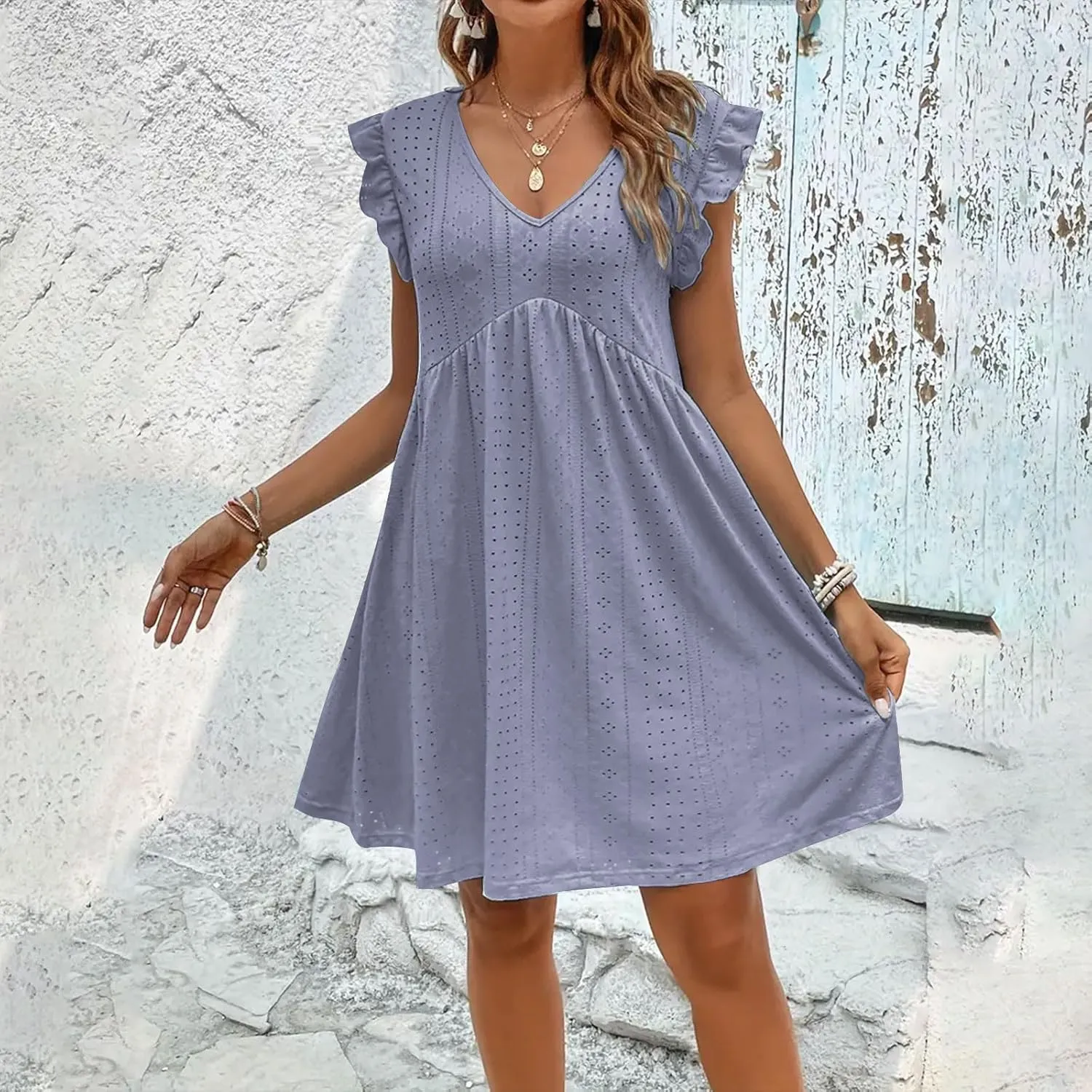 Summer Dresses for Women 2024 Vintage Ruffle Sleeve V Neck Dress Casual Simple Solid A Line Palace Lock Mini Sundress