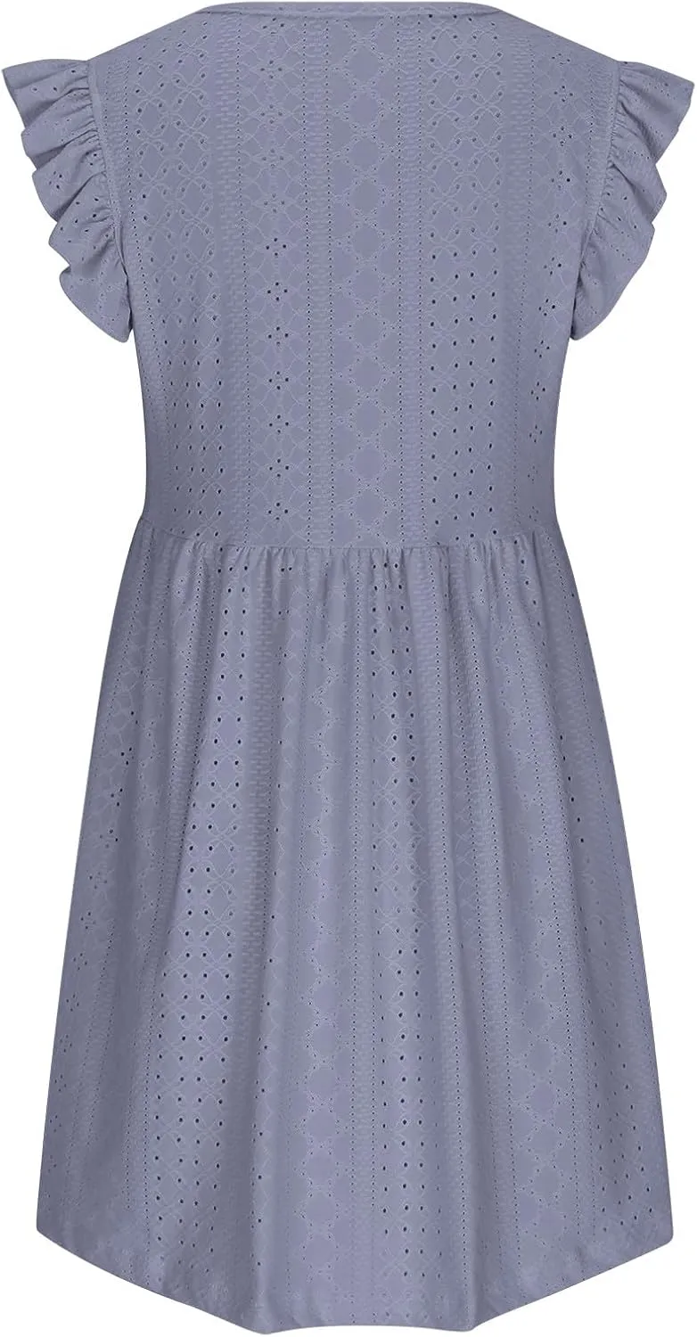 Summer Dresses for Women 2024 Vintage Ruffle Sleeve V Neck Dress Casual Simple Solid A Line Palace Lock Mini Sundress