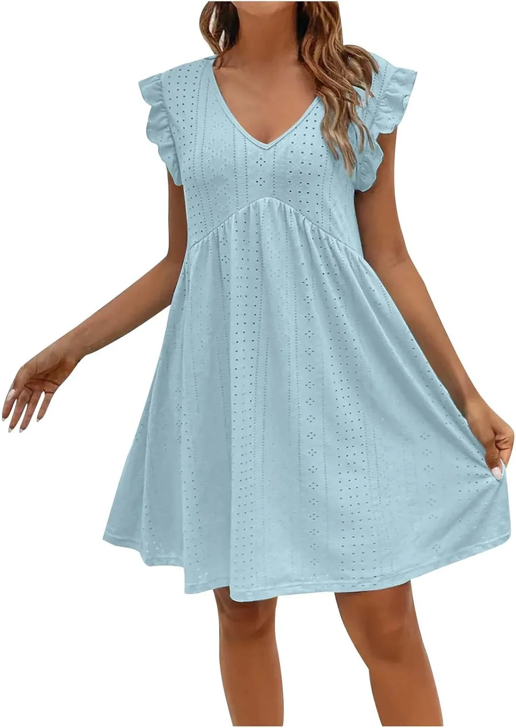 Summer Dresses for Women 2024 Vintage Ruffle Sleeve V Neck Dress Casual Simple Solid A Line Palace Lock Mini Sundress