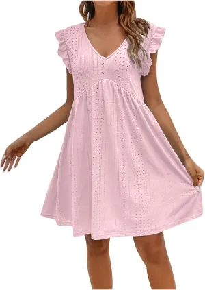 Summer Dresses for Women 2024 Vintage Ruffle Sleeve V Neck Dress Casual Simple Solid A Line Palace Lock Mini Sundress