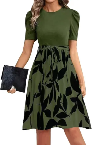 Summer Dresses for Women 2025 Floral Short Sleeve Midi Dresses Elegant A Line Work Dress Trendy Knee Length Midi Dress
