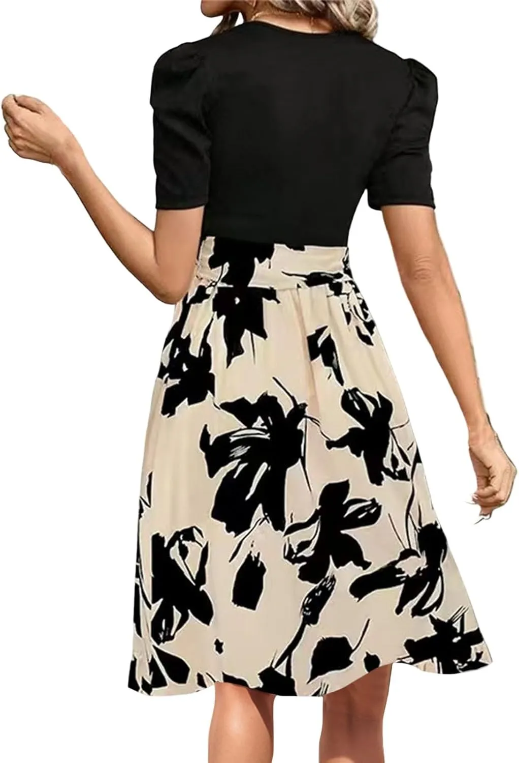Summer Dresses for Women 2025 Floral Short Sleeve Midi Dresses Elegant A Line Work Dress Trendy Knee Length Midi Dress