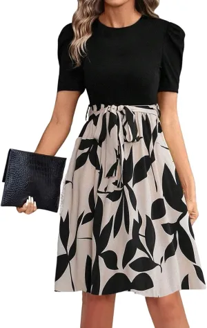 Summer Dresses for Women 2025 Floral Short Sleeve Midi Dresses Elegant A Line Work Dress Trendy Knee Length Midi Dress