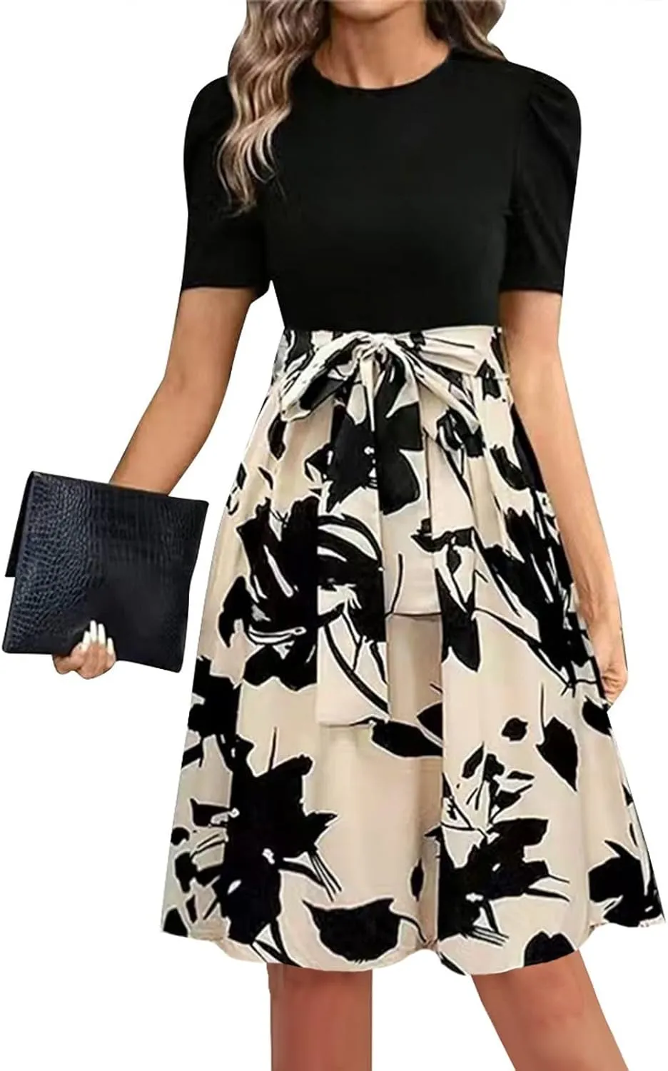 Summer Dresses for Women 2025 Floral Short Sleeve Midi Dresses Elegant A Line Work Dress Trendy Knee Length Midi Dress