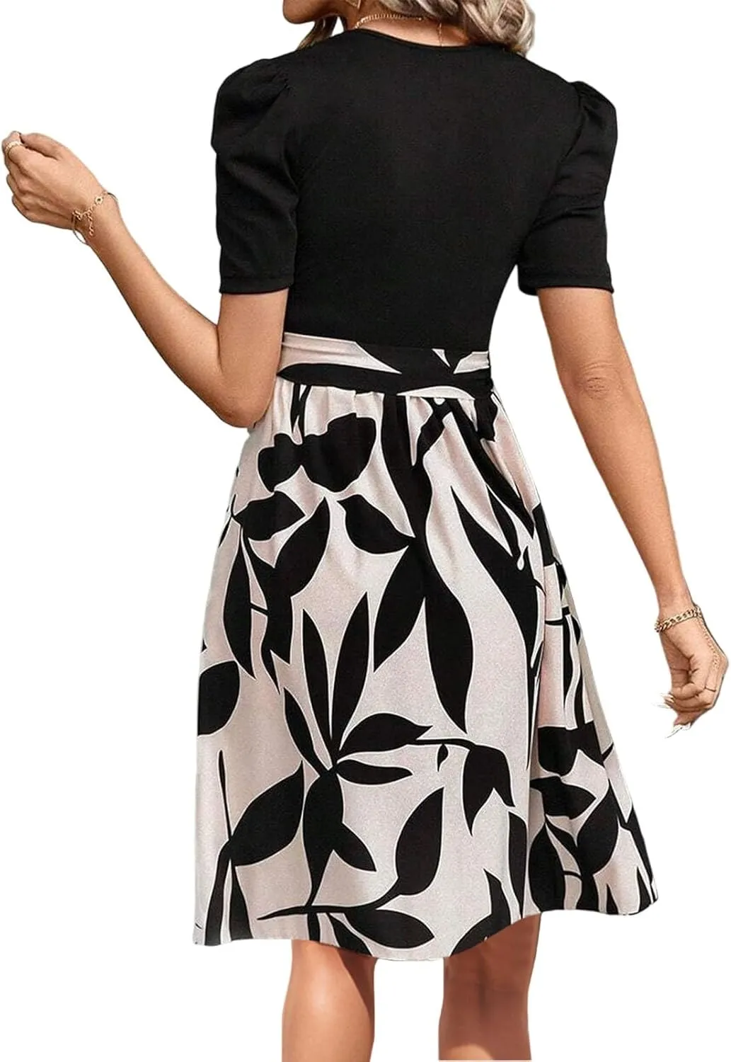 Summer Dresses for Women 2025 Floral Short Sleeve Midi Dresses Elegant A Line Work Dress Trendy Knee Length Midi Dress