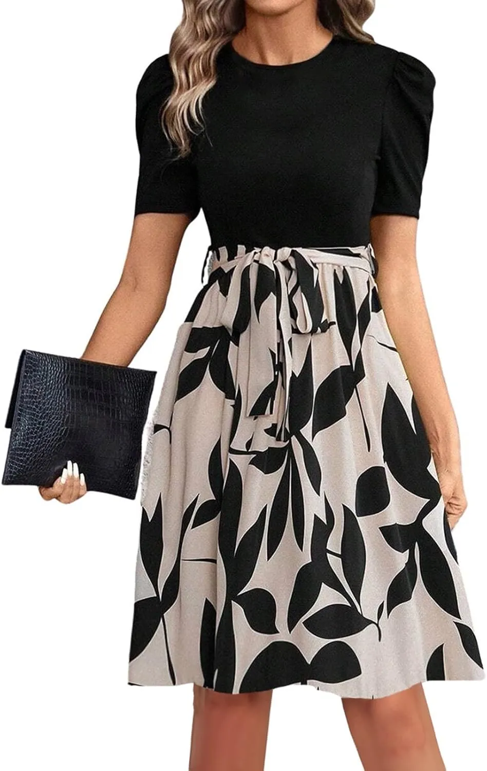 Summer Dresses for Women 2025 Floral Short Sleeve Midi Dresses Elegant A Line Work Dress Trendy Knee Length Midi Dress