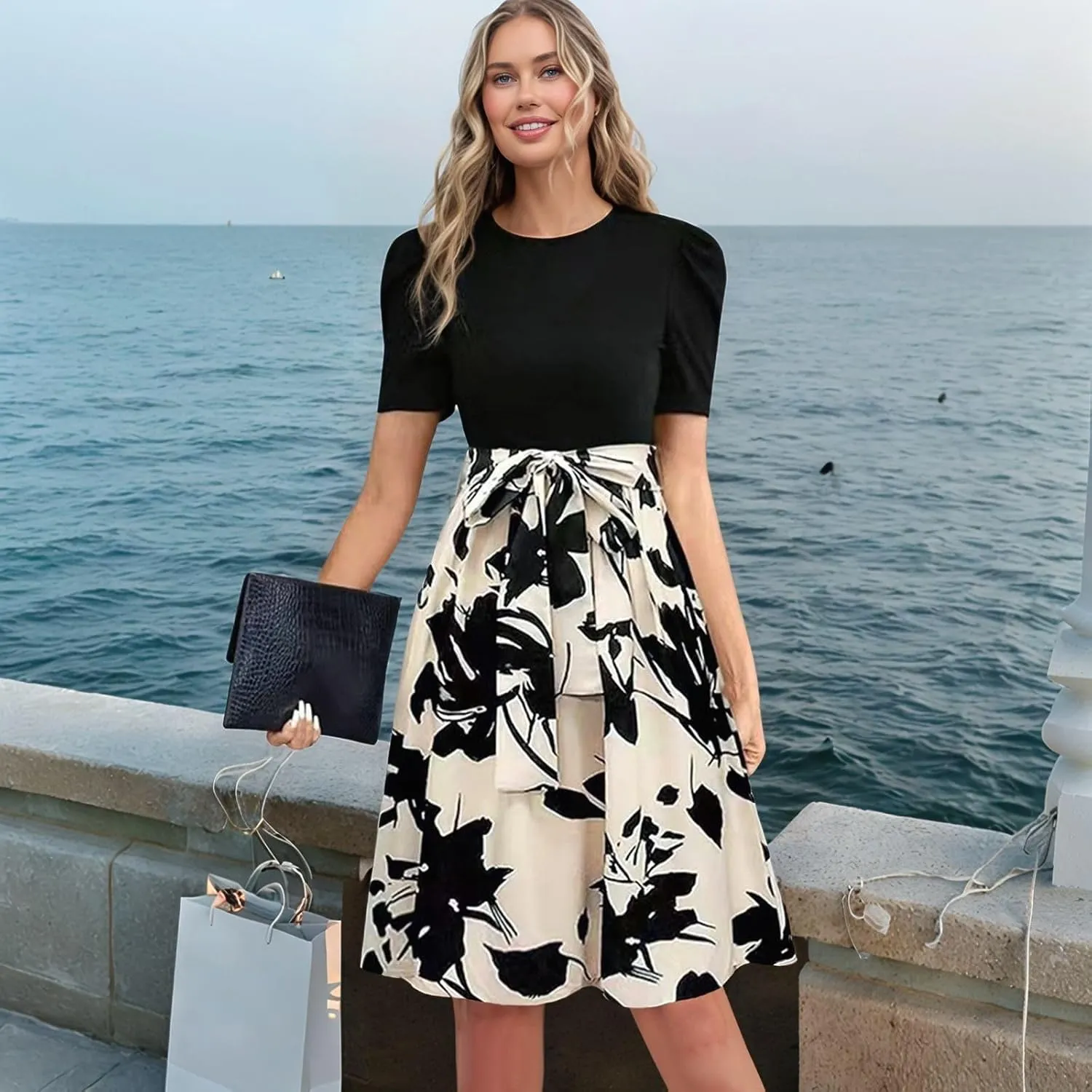 Summer Dresses for Women 2025 Floral Short Sleeve Midi Dresses Elegant A Line Work Dress Trendy Knee Length Midi Dress