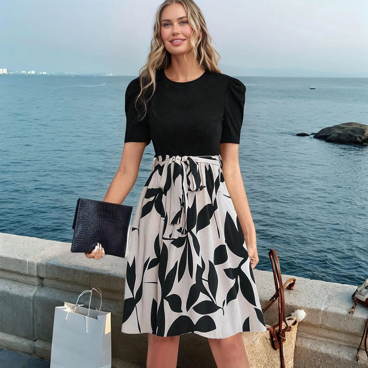 Summer Dresses for Women 2025 Floral Short Sleeve Midi Dresses Elegant A Line Work Dress Trendy Knee Length Midi Dress