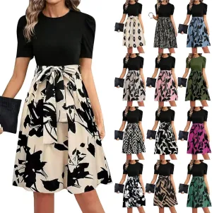 Summer Dresses for Women 2025 Floral Short Sleeve Midi Dresses Elegant A Line Work Dress Trendy Knee Length Midi Dress