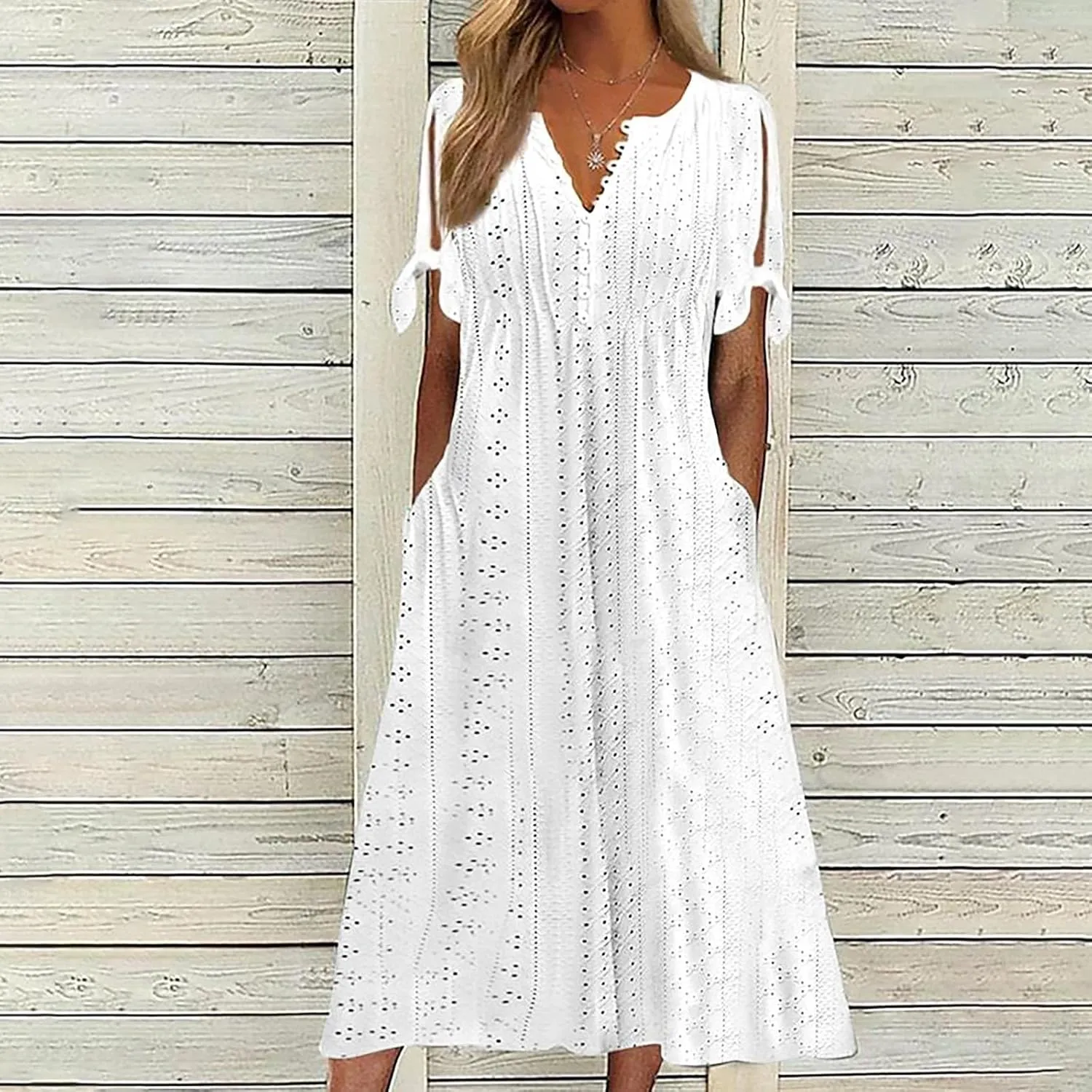 Summer Dresses for Women 2025 Plus Size Knee Length Short Sleeve Eyelet Tshirt Maxi Dress Beach Vacation Sundress