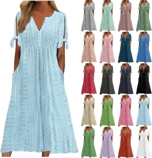Summer Dresses for Women 2025 Plus Size Knee Length Short Sleeve Eyelet Tshirt Maxi Dress Beach Vacation Sundress
