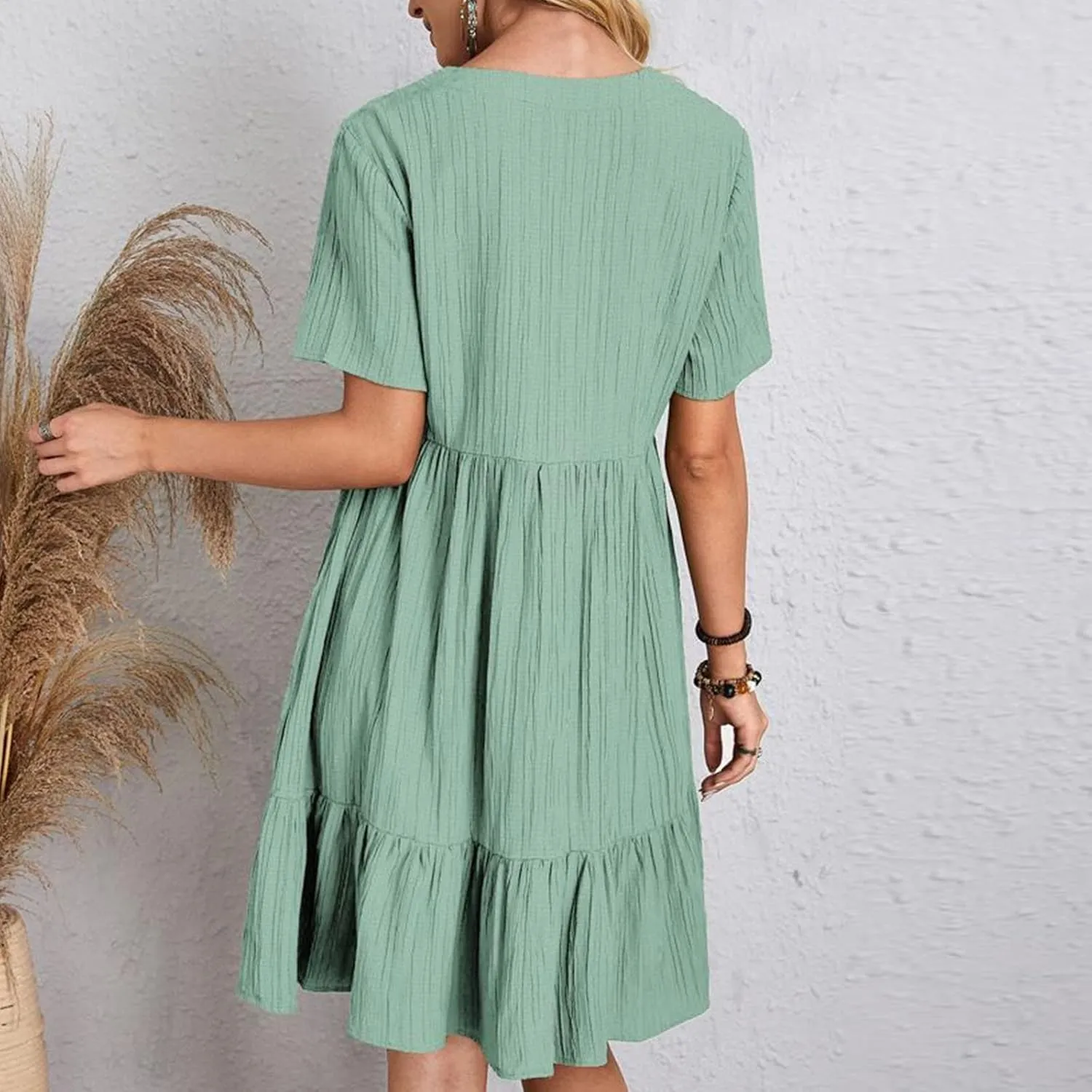 Summer Dresses for Women 2025 Trendy Loose Short Sleeve Solid Color Sundress Casual Pleated Vacation Beach Dress
