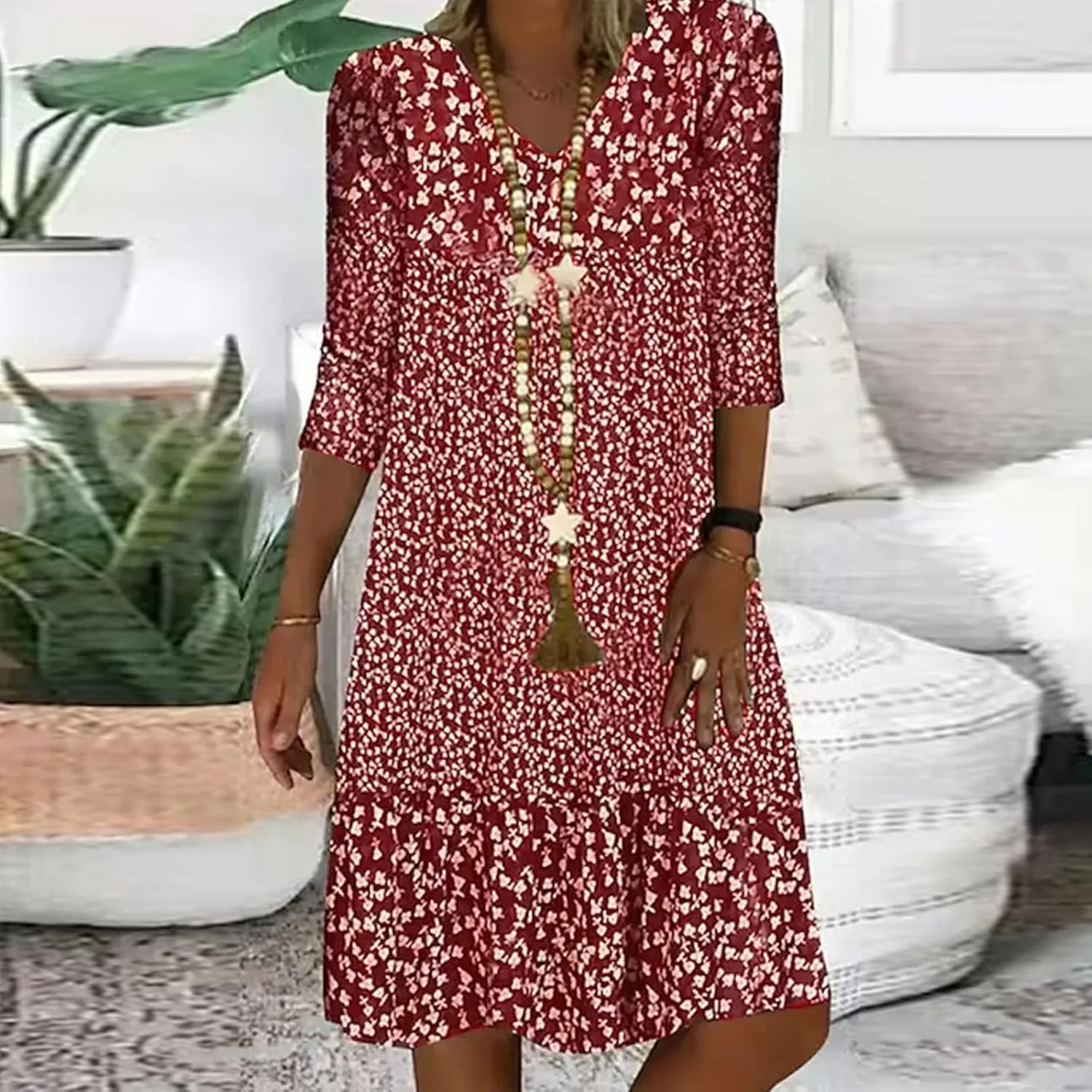 Summer Dresses for Women 2025 Vacation Floral Print 3/4 Sleeve V Neck Dress Comfy Lightweight Casual Fashion Dress
