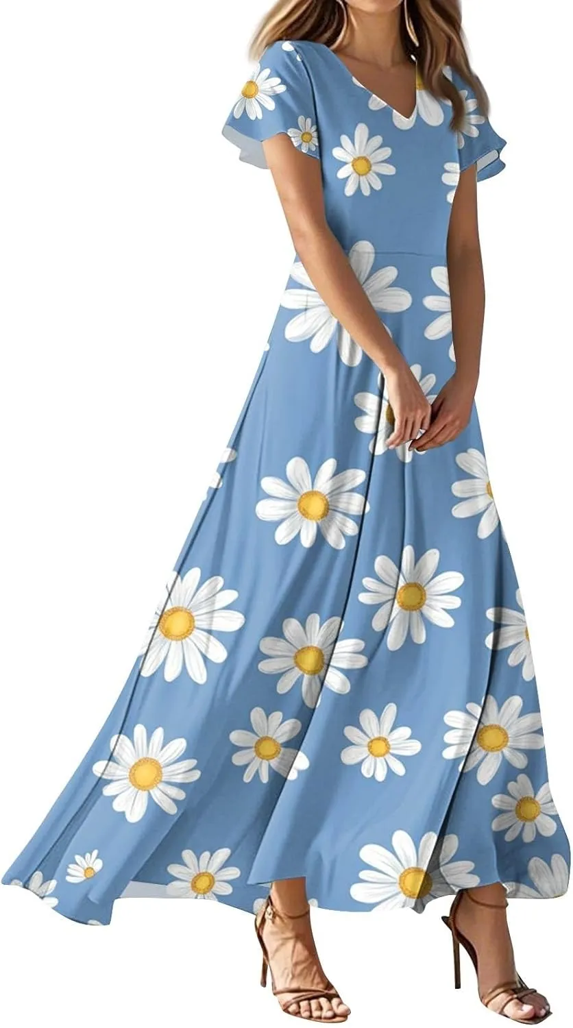 Summer Long Dress for Women Casual Puff Short Sleeve V Neck Plus Size Flowy Ankle Length Maxi Dress