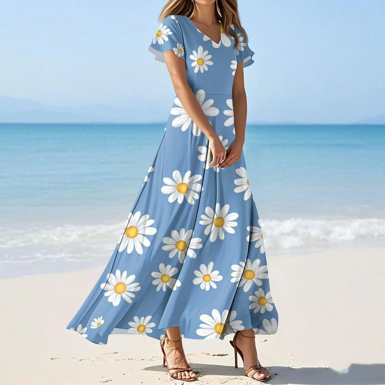 Summer Long Dress for Women Casual Puff Short Sleeve V Neck Plus Size Flowy Ankle Length Maxi Dress