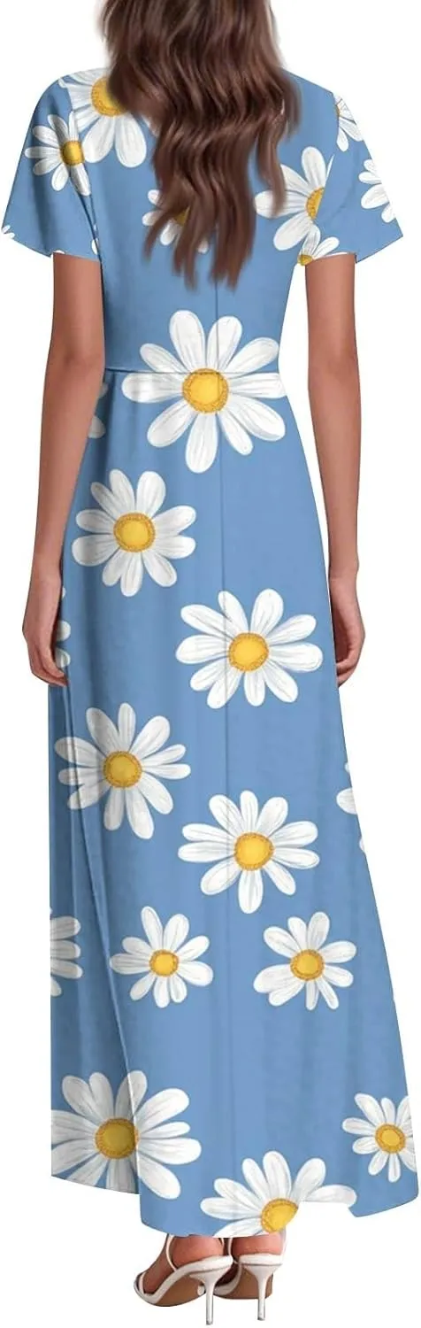 Summer Long Dress for Women Casual Puff Short Sleeve V Neck Plus Size Flowy Ankle Length Maxi Dress