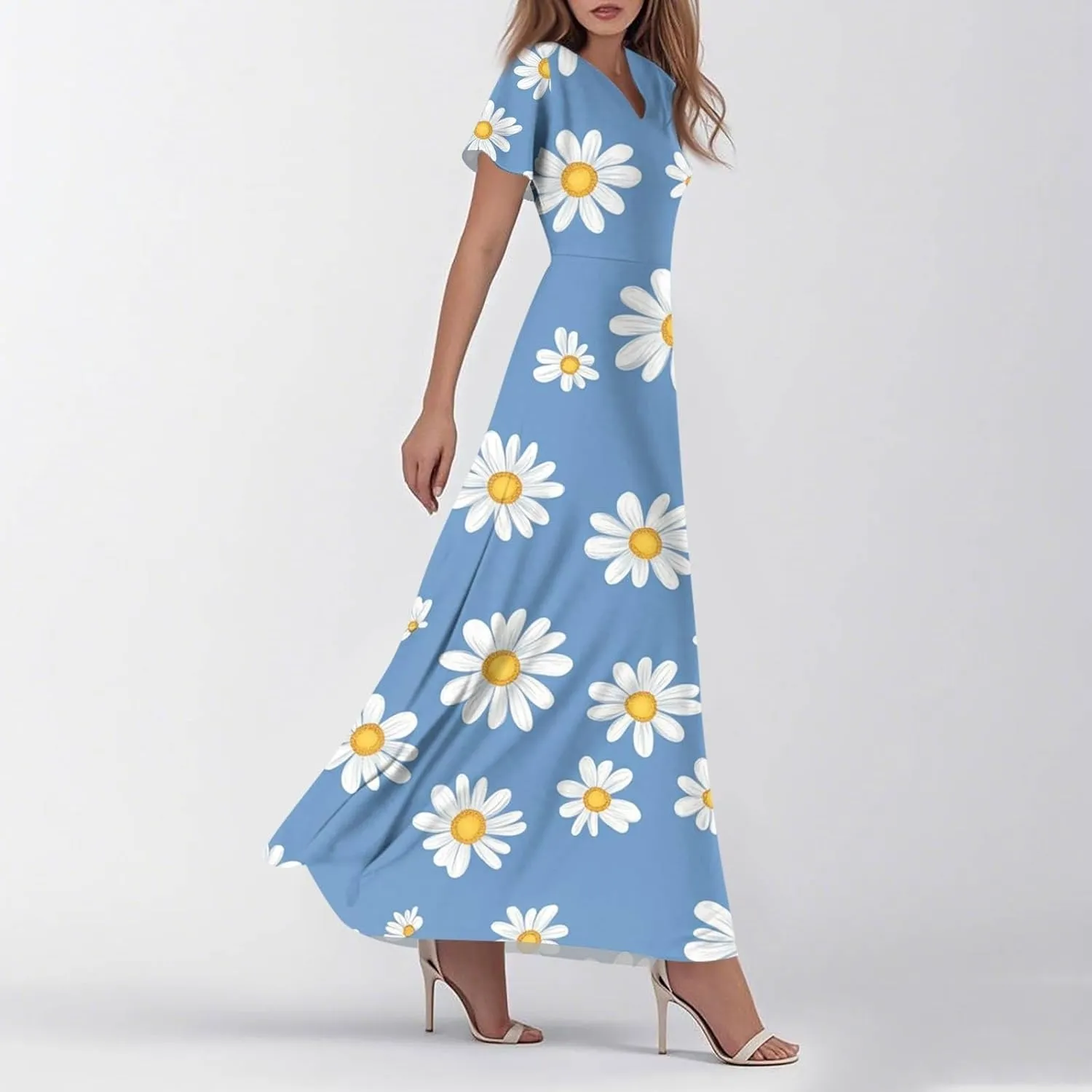 Summer Long Dress for Women Casual Puff Short Sleeve V Neck Plus Size Flowy Ankle Length Maxi Dress