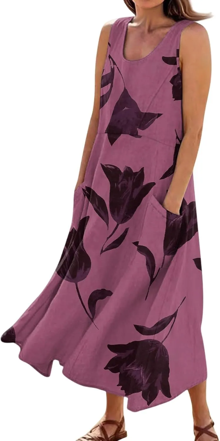 Summer Sundress for Women 2025 Sleeveless Casual Boho Linen Dresses Plus Size Maxi Tank Beach Dress with Pockets