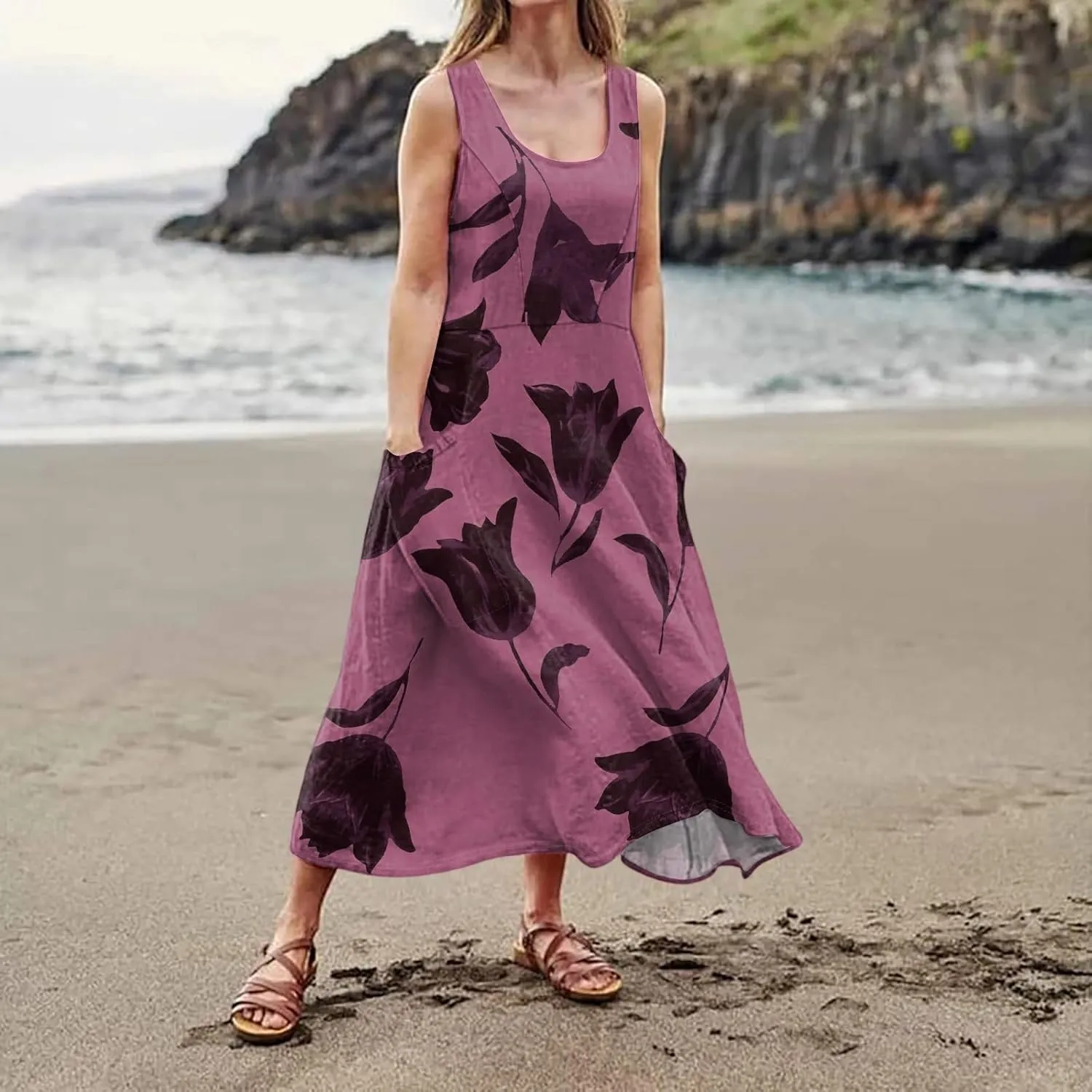 Summer Sundress for Women 2025 Sleeveless Casual Boho Linen Dresses Plus Size Maxi Tank Beach Dress with Pockets