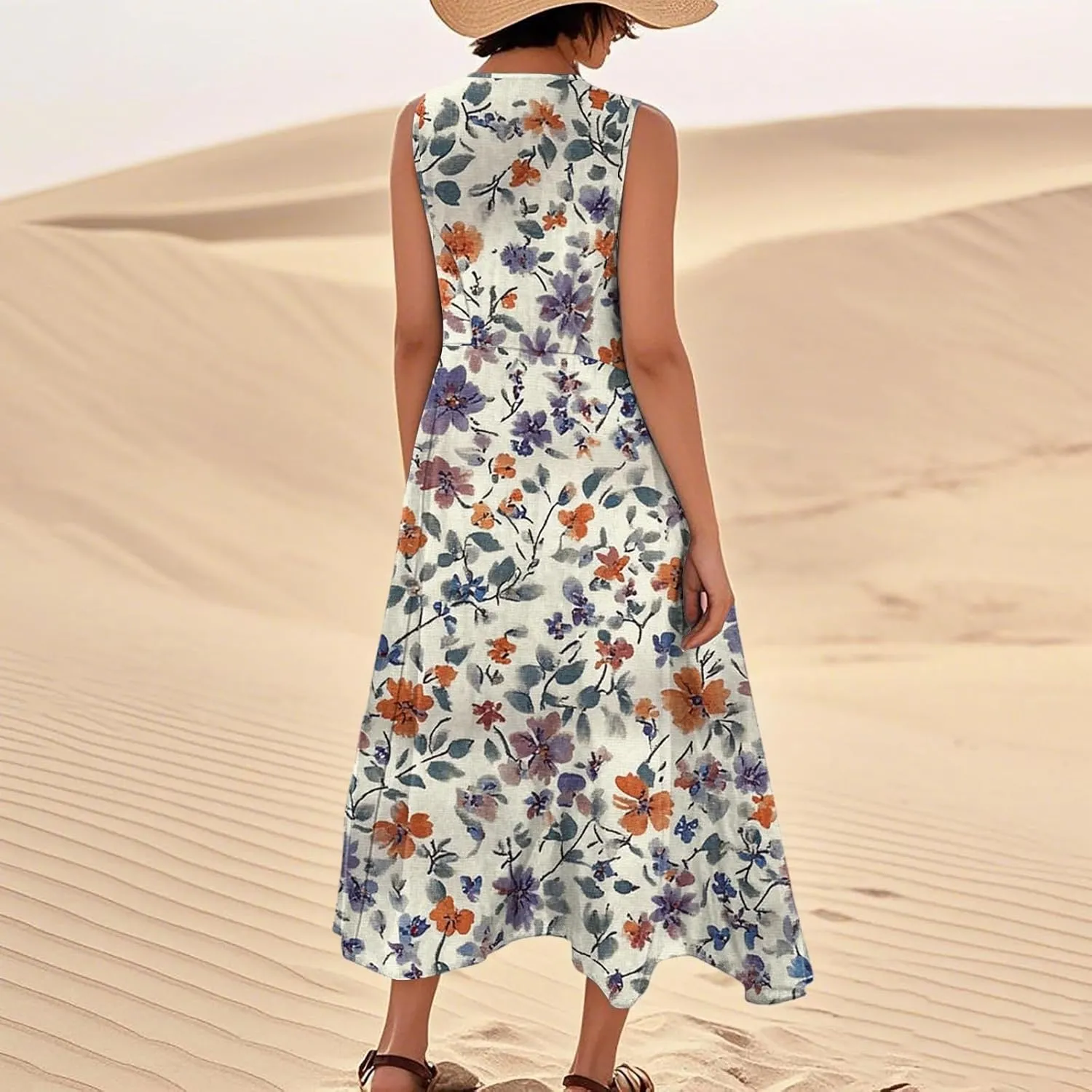 Summer Sundress for Women 2025 Sleeveless Casual Boho Linen Dresses Plus Size Maxi Tank Beach Dress with Pockets
